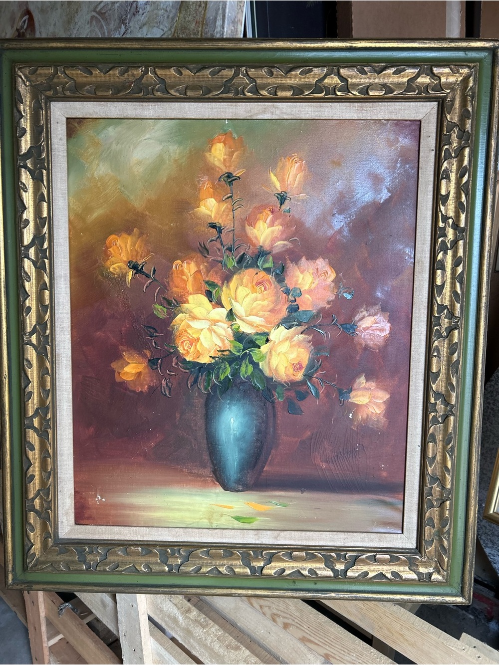 Classic Yellow Rose Bouquet Oil Painting in Blue Vase - Unbranded
